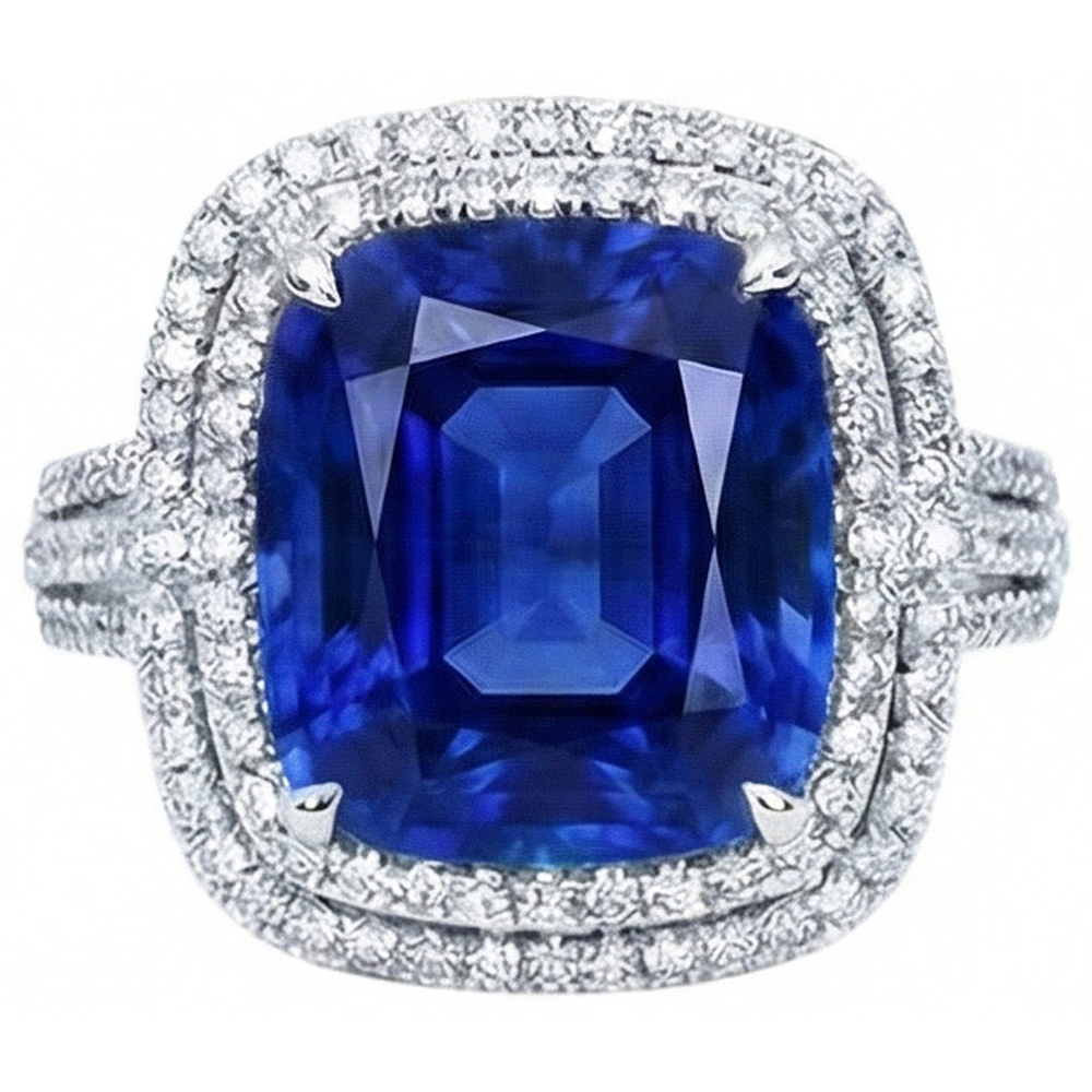 4.51 Ct Cushion Ceylon Blue Sapphire And Round Natural Earth Mined Diamond Engagement Ring