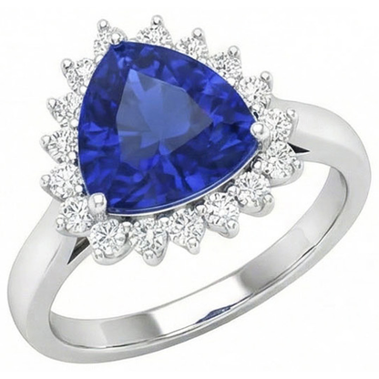 4.60 Carat Trillion Ceylon Sapphire Round Natural Earth Mined Diamonds Ring White Gold 14K