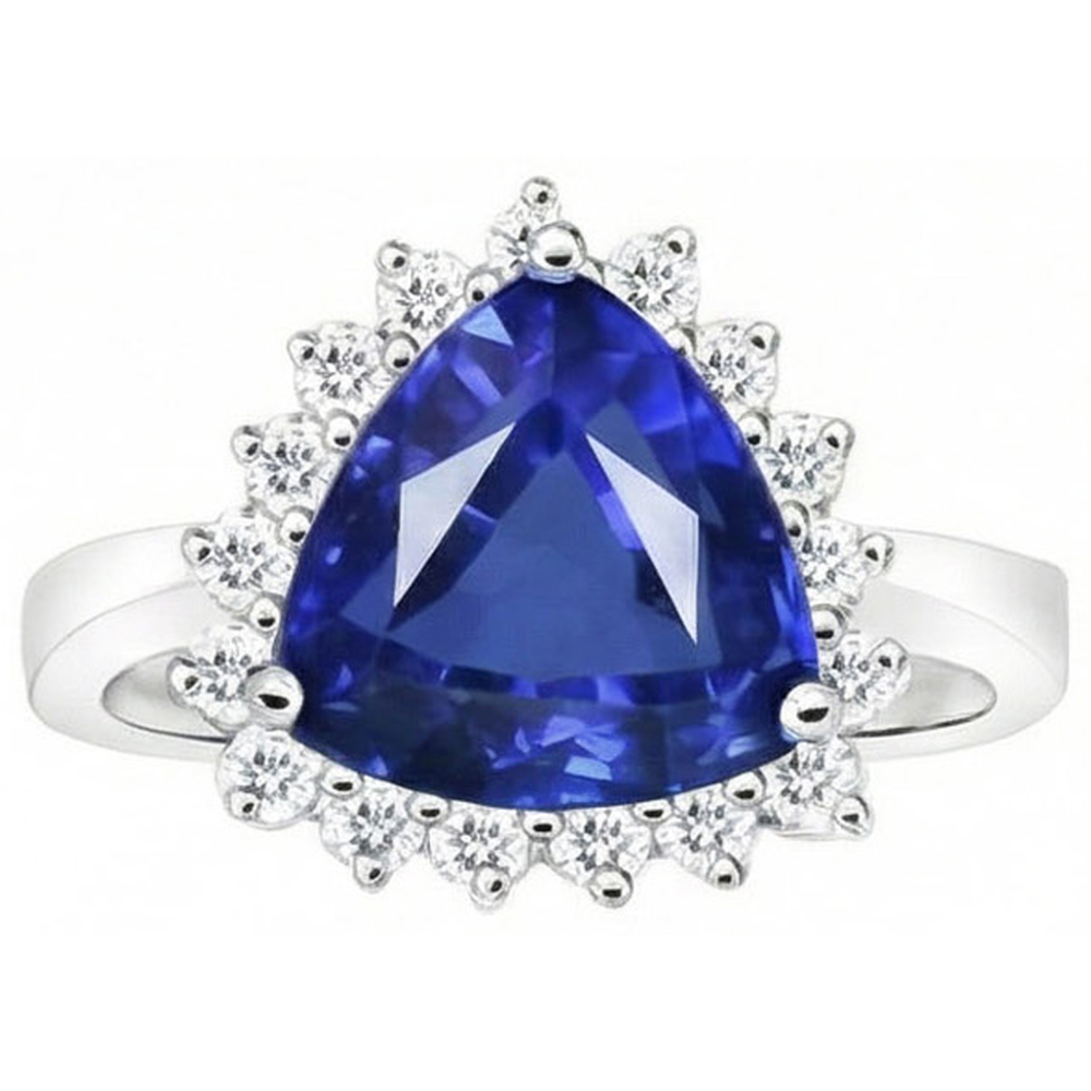 4.60 Carat Trillion Ceylon Sapphire Round Natural Earth Mined Diamonds Ring White Gold 14K