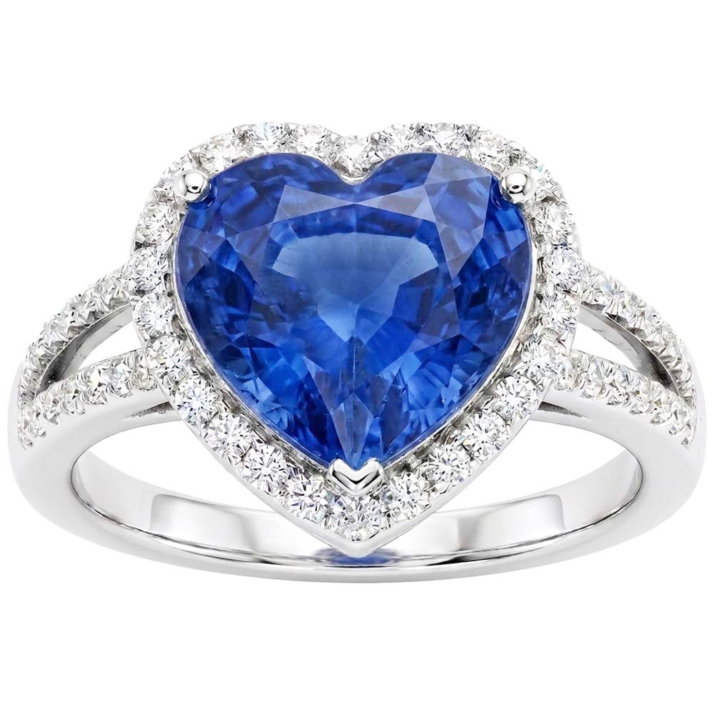 4.75 Carats Ceylon Sapphire And Natural Earth Mined Diamonds Ring White Gold 14K