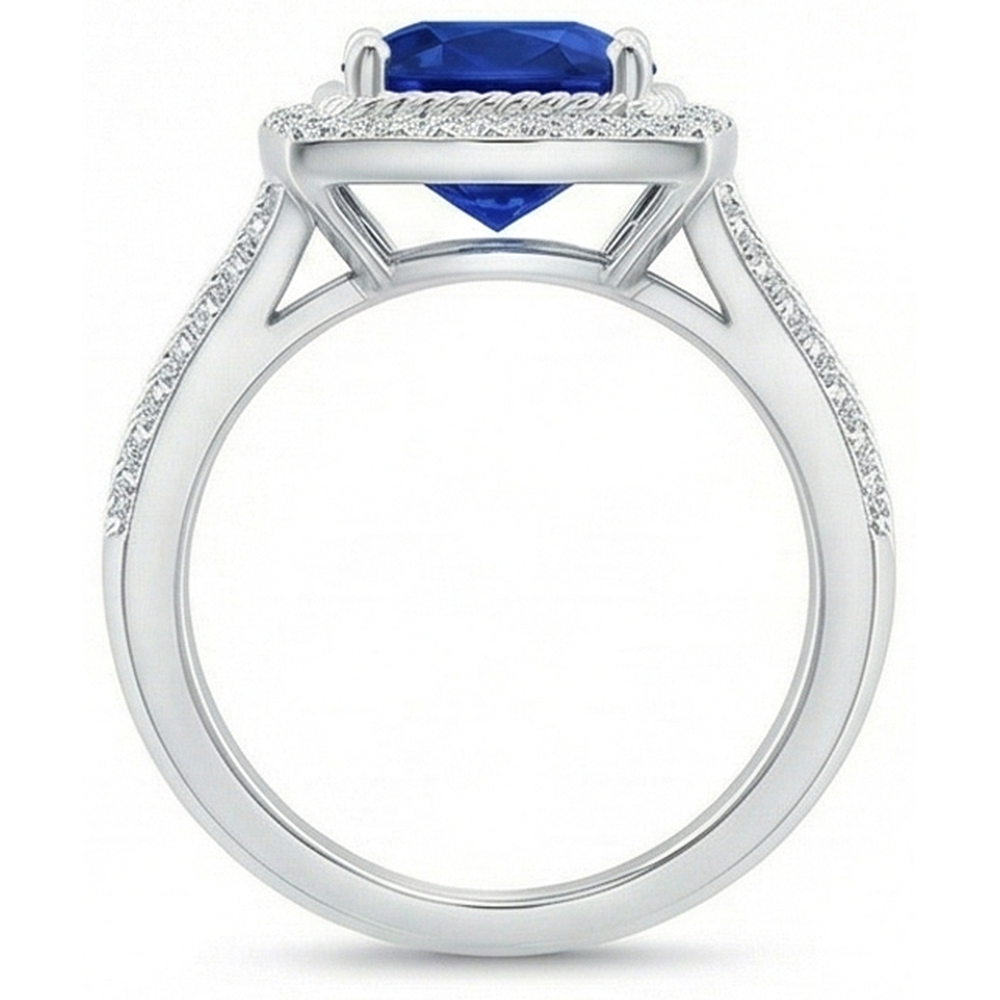 4.75 Carats Cushion And Round Sapphire And Natural Earth Mined Diamond Anniversary Ring