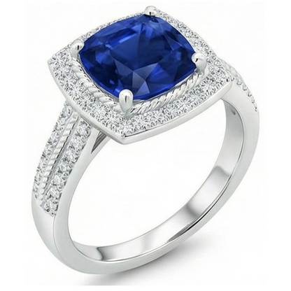 4.75 Carats Cushion And Round Sapphire And Natural Earth Mined Diamond Anniversary Ring