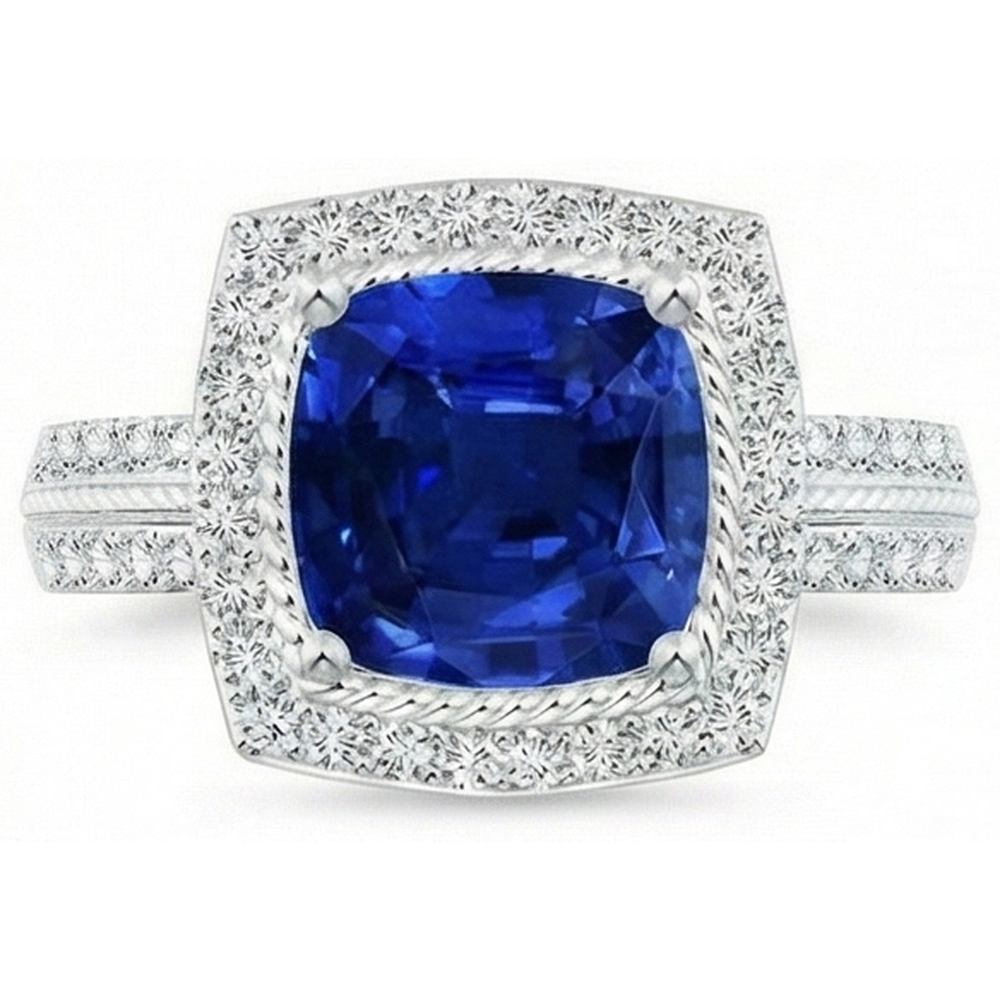 4.75 Carats Cushion And Round Sapphire And Natural Earth Mined Diamond Anniversary Ring