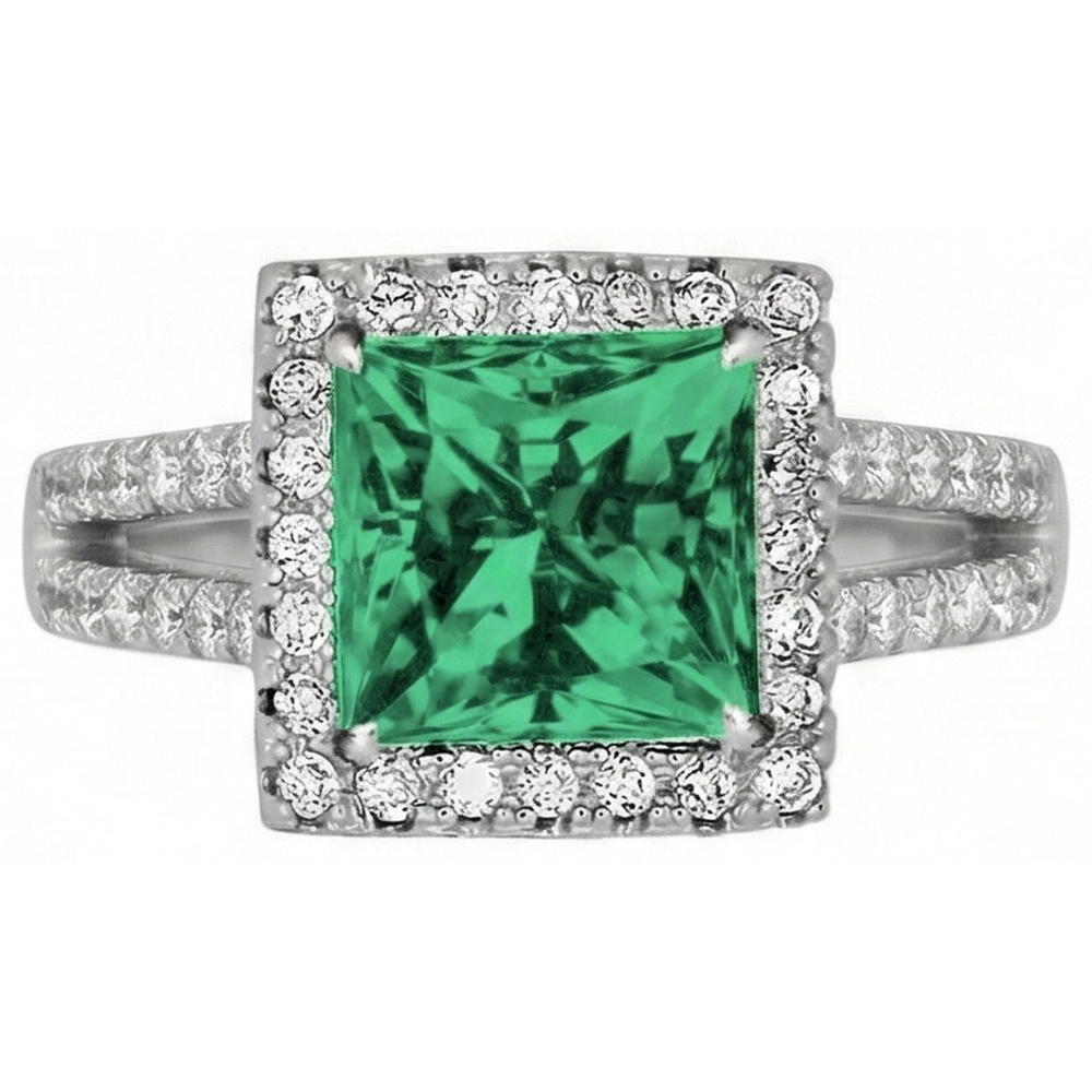 4.75 Ct. Princess Cut Green Emerald GIA Natural Earth Mined Diamond Ring WG 14K Jewelry