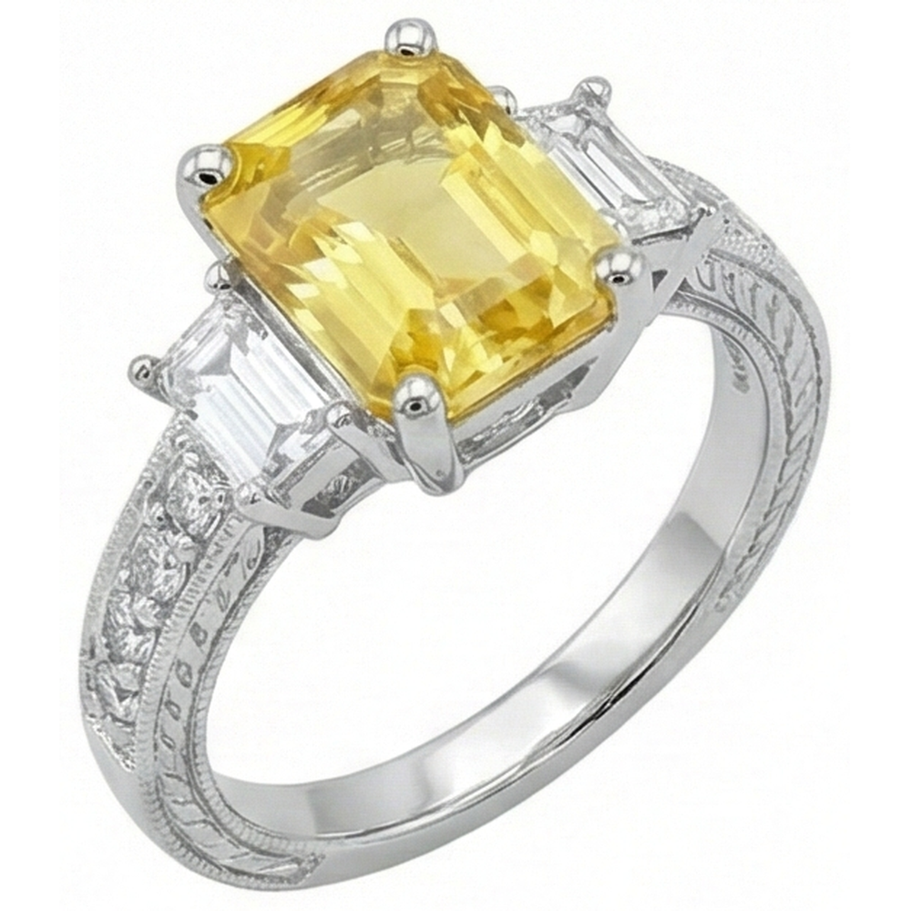 4.75 Ct Radiant Yellow Sapphire And Round Natural Earth Mined Diamonds Ring White Gold