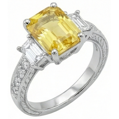 4.75 Ct Radiant Yellow Sapphire And Round Natural Earth Mined Diamonds Ring White Gold