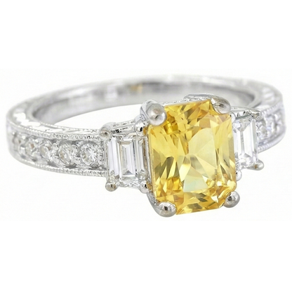 4.75 Ct Radiant Yellow Sapphire And Round Natural Earth Mined Diamonds Ring White Gold