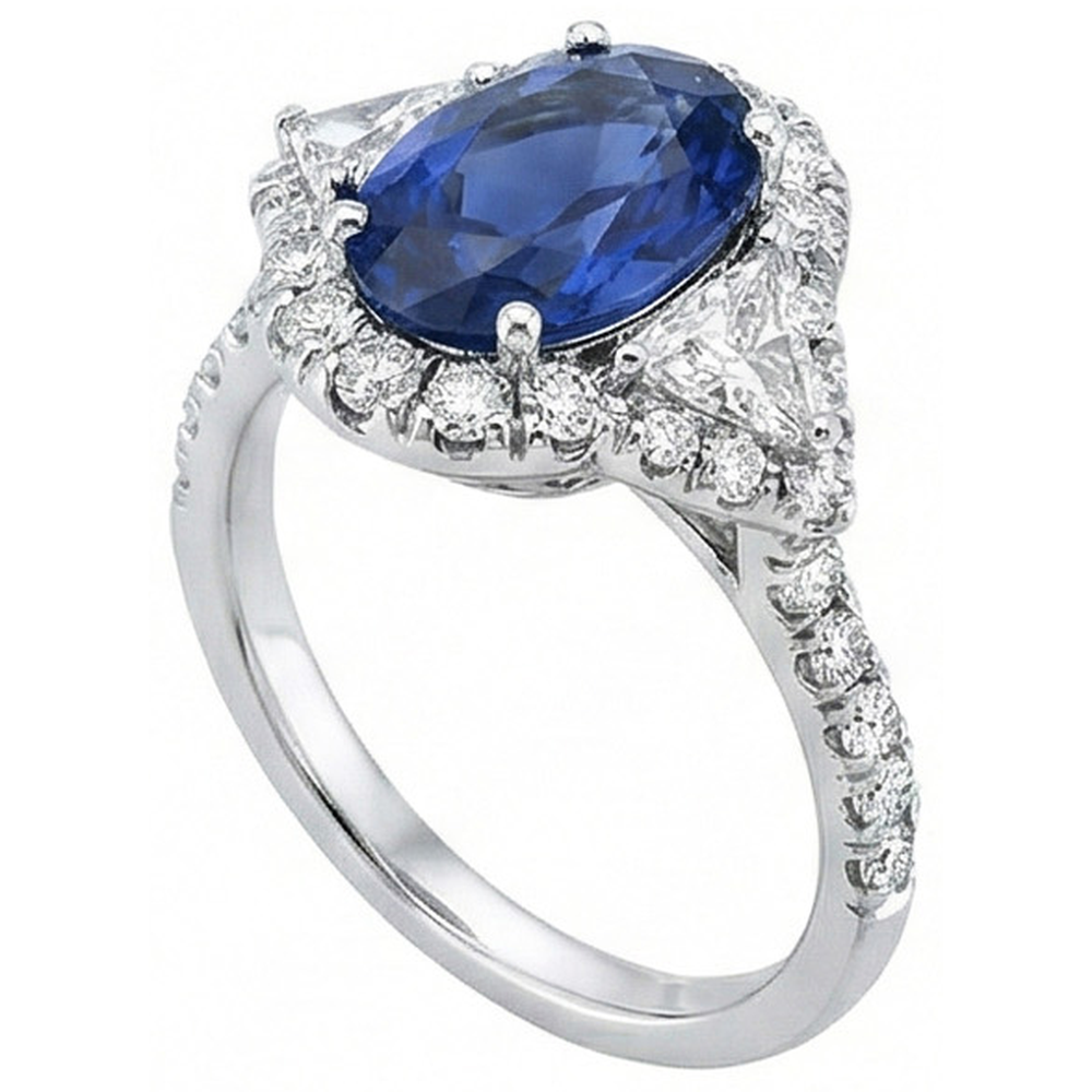 4 Carats Ceylon Sapphire And Natural Earth Mined Diamonds Ring White Gold 14K