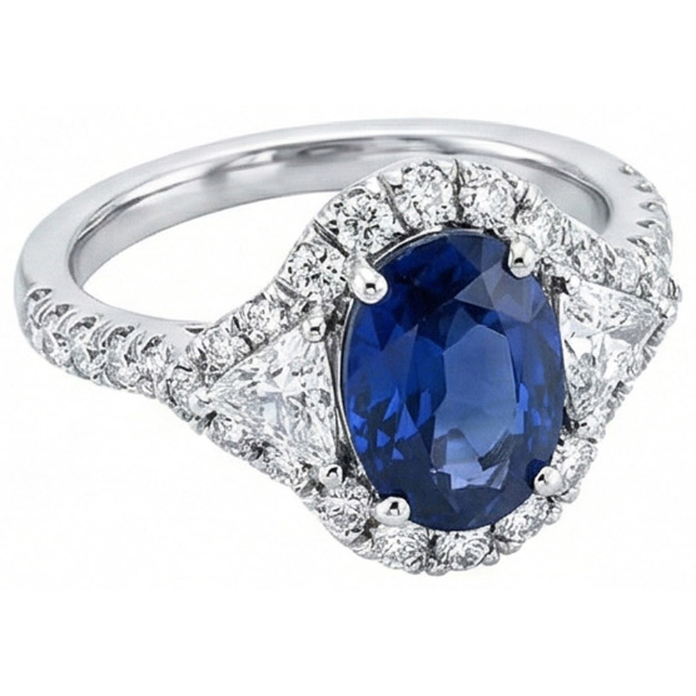4 Carats Ceylon Sapphire And Natural Earth Mined Diamonds Ring White Gold 14K