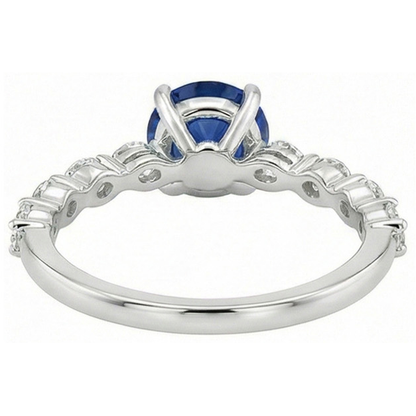 4 Carats Engagement Ring Round Ceylon Sapphire & Natural Earth Mined Diamond Marquise Gold