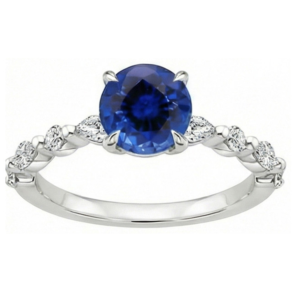 4 Carats Engagement Ring Round Ceylon Sapphire & Natural Earth Mined Diamond Marquise Gold