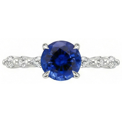 4 Carats Engagement Ring Round Ceylon Sapphire & Natural Earth Mined Diamond Marquise Gold