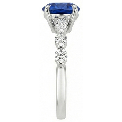 4 Carats Engagement Ring Round Ceylon Sapphire & Natural Earth Mined Diamond Marquise Gold