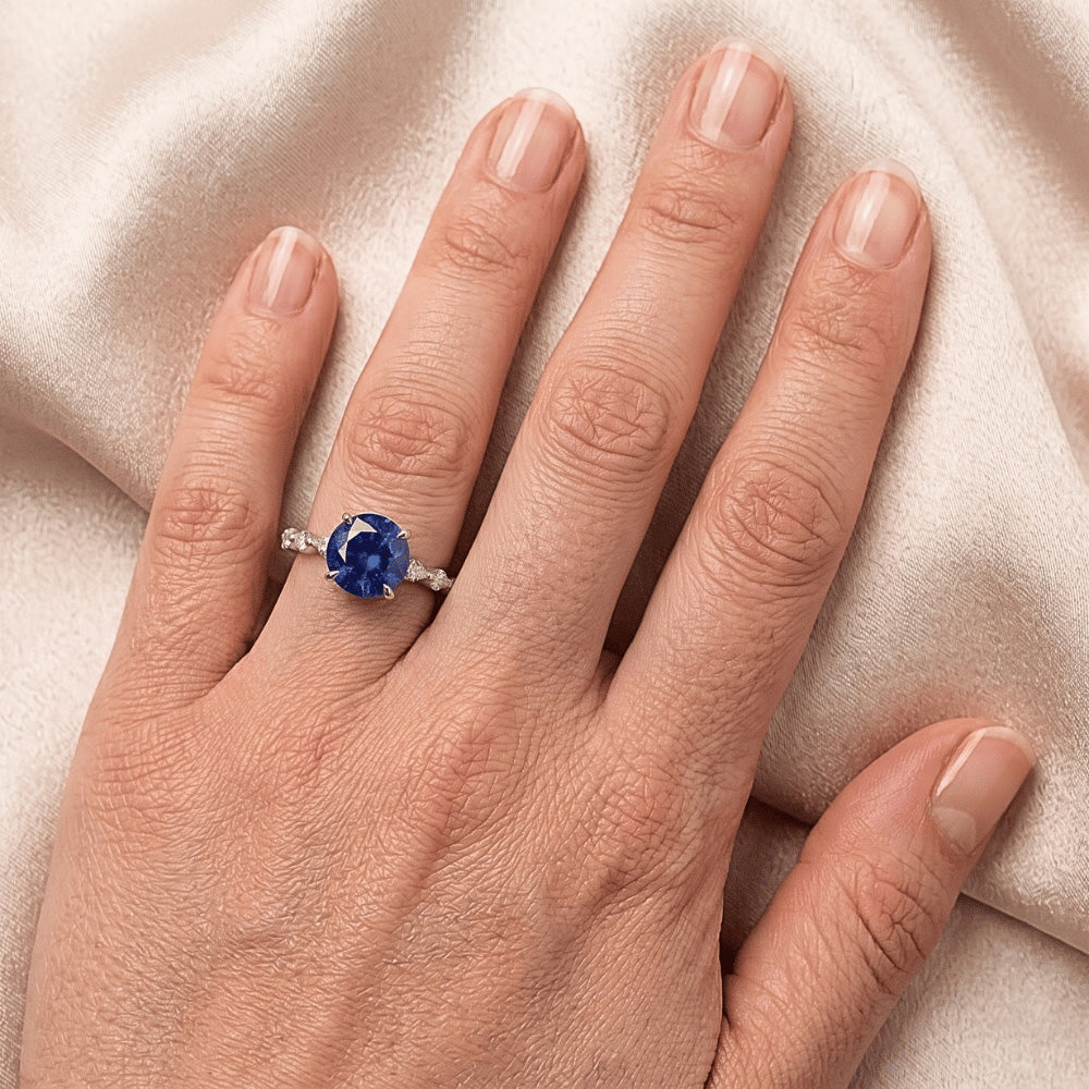 4 Carats Engagement Ring Round Ceylon Sapphire & Natural Earth Mined Diamond Marquise Gold