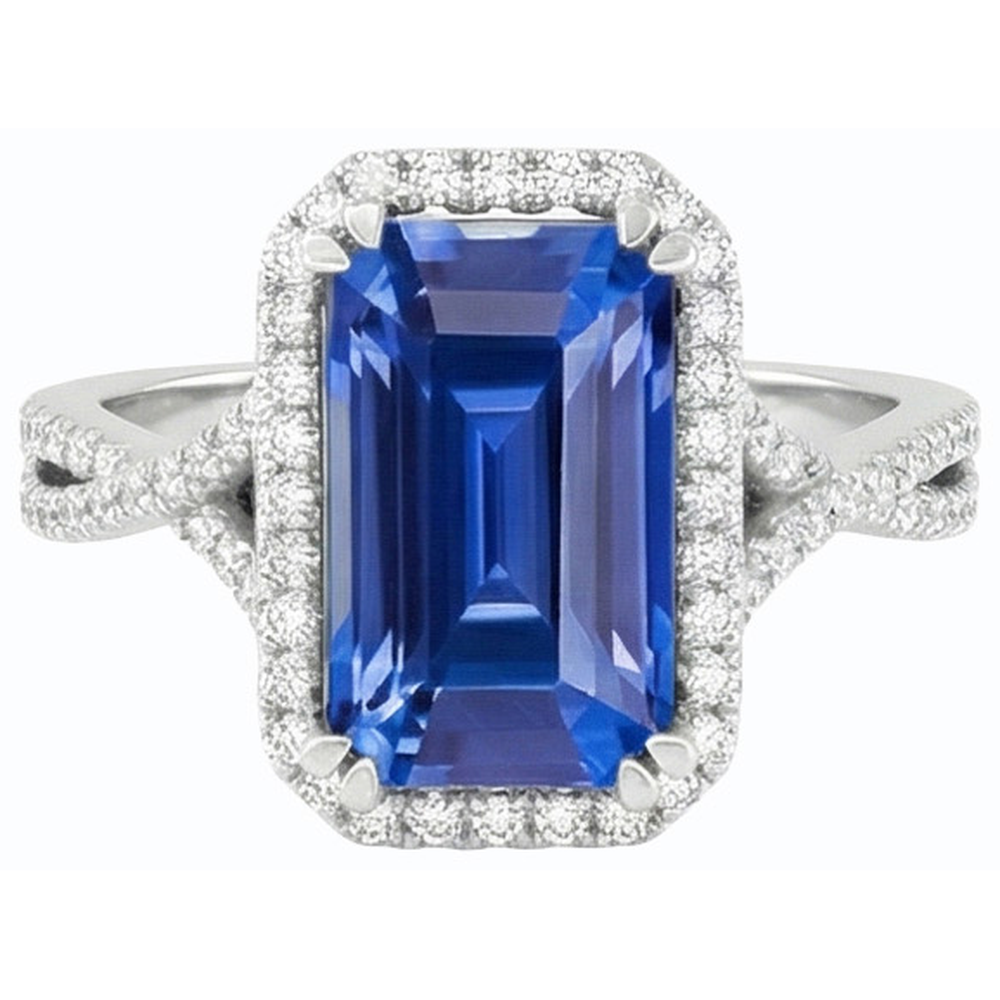 4 Carats Halo Emerald Sri Lankan Sapphire & Natural Earth Mined Diamond Ring Gold