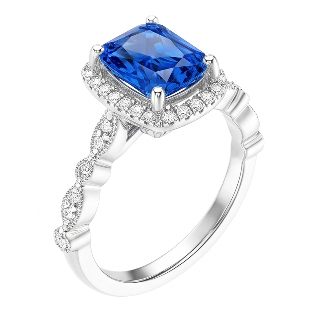 4 Carats Halo Radiant Ceylon Sapphire Ring & Natural Earth Mined Diamond Ladies Jewelry