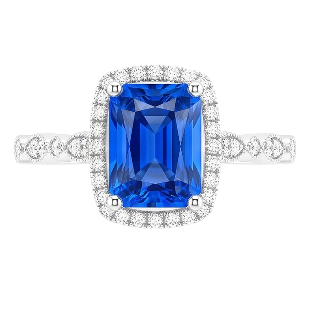 4 Carats Halo Radiant Ceylon Sapphire Ring & Natural Earth Mined Diamond Ladies Jewelry