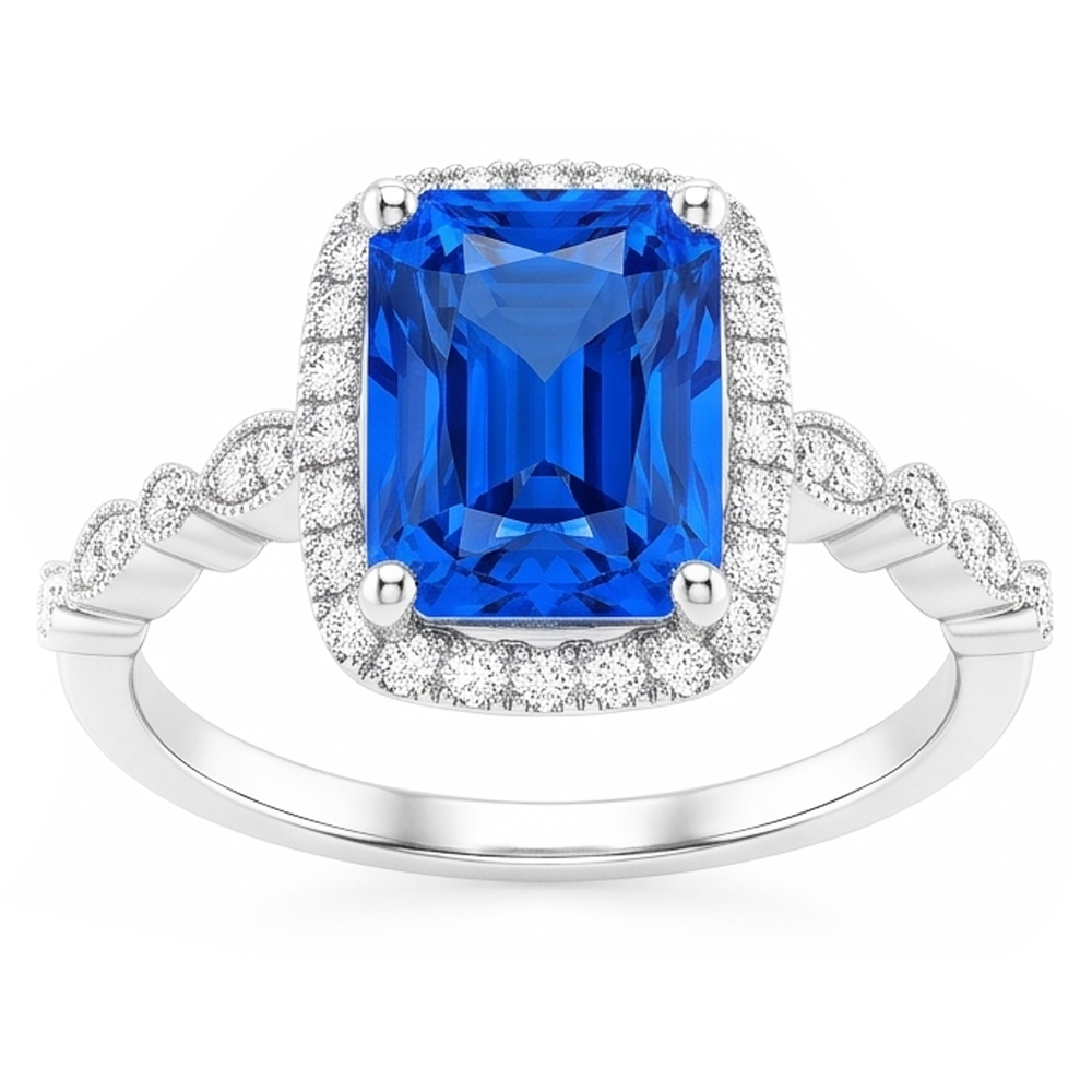 4 Carats Halo Radiant Ceylon Sapphire Ring & Natural Earth Mined Diamond Ladies Jewelry
