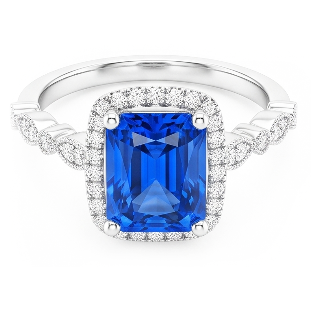 4 Carats Halo Radiant Ceylon Sapphire Ring & Natural Earth Mined Diamond Ladies Jewelry