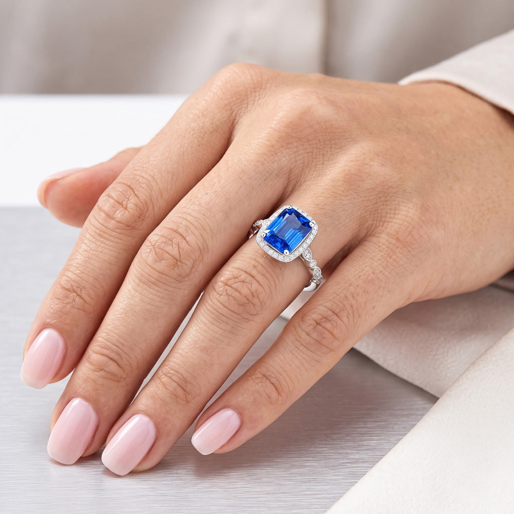 4 Carats Halo Radiant Ceylon Sapphire Ring & Natural Earth Mined Diamond Ladies Jewelry