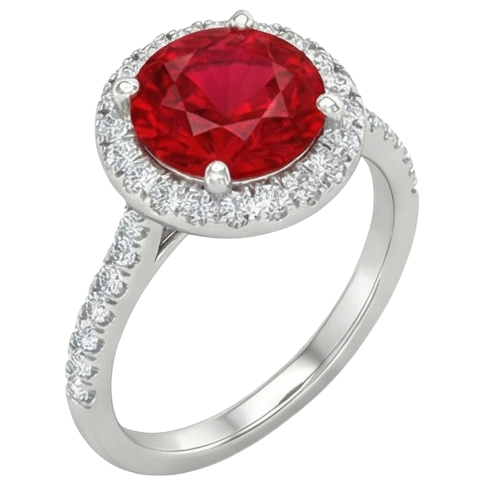 4 Carats Prong Set Ruby With Natural Earth Mined Diamonds Ring 14K White Gold