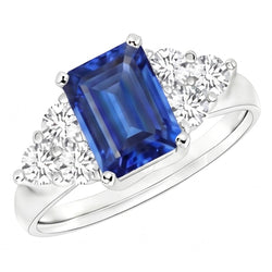 4 Ct Emerald Cut Ceylon Blue Sapphire And Round Natural Earth Mined Diamond Wedding Ring