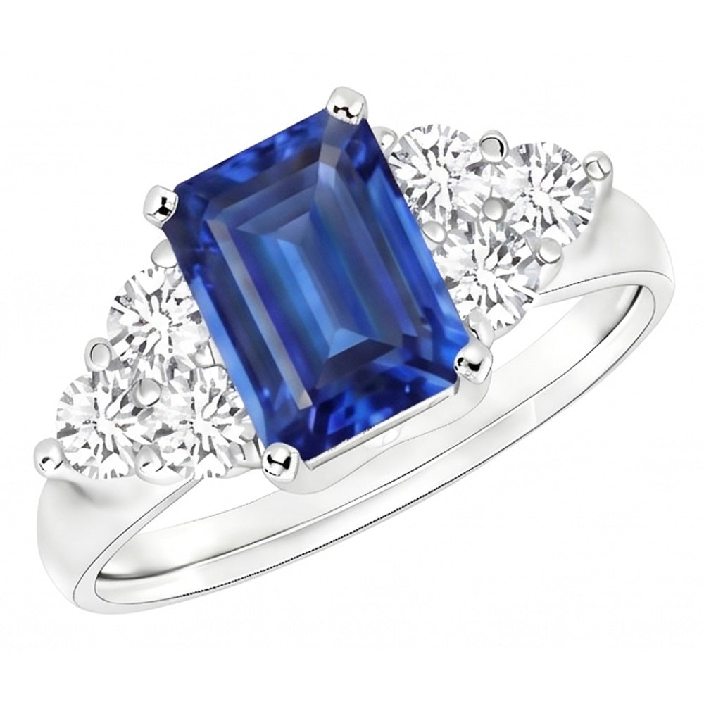 4 Ct Emerald Cut Ceylon Blue Sapphire And Round Natural Earth Mined Diamond Wedding Ring