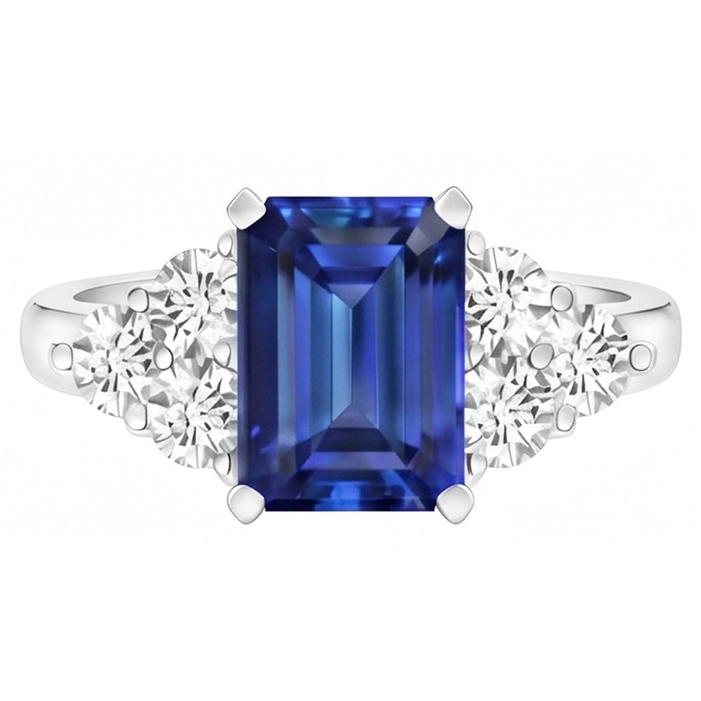 4 Ct Emerald Cut Ceylon Blue Sapphire And Round Natural Earth Mined Diamond Wedding Ring