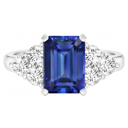4 Ct Emerald Cut Ceylon Blue Sapphire And Round Natural Earth Mined Diamond Wedding Ring