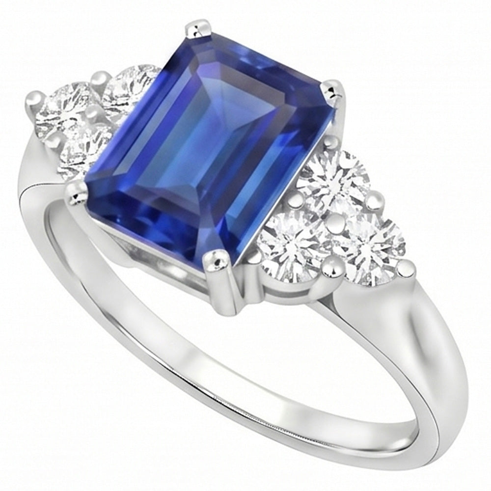 4 Ct Emerald Cut Ceylon Blue Sapphire And Round Natural Earth Mined Diamond Wedding Ring