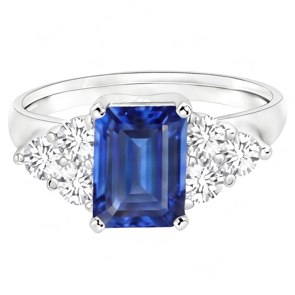 4 Ct Emerald Cut Ceylon Blue Sapphire And Round Natural Earth Mined Diamond Wedding Ring