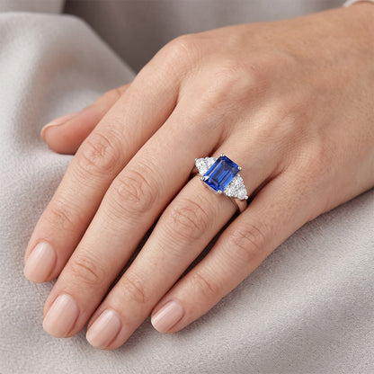 4 Ct Emerald Cut Ceylon Blue Sapphire And Round Natural Earth Mined Diamond Wedding Ring