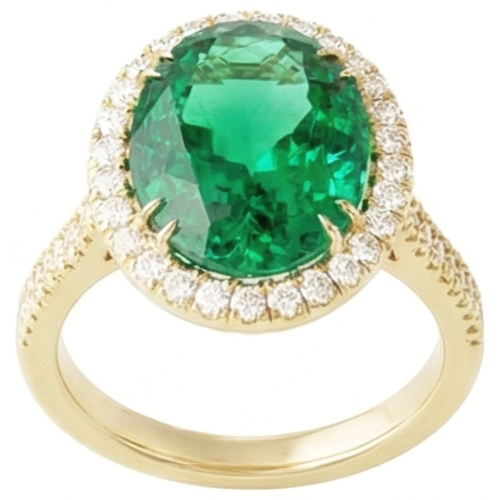 4 Ct Oval Cut Green Emerald GIA With Halo Natural Earth Mined Diamond Ring 14K Yellow Gold
