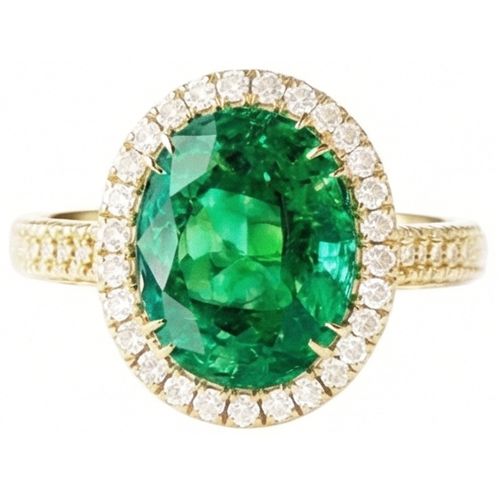 4 Ct Oval Cut Green Emerald GIA With Halo Natural Earth Mined Diamond Ring 14K Yellow Gold