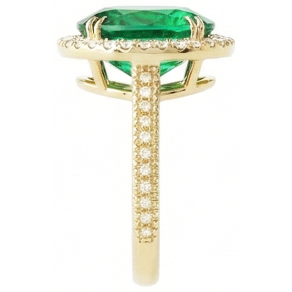 4 Ct Oval Cut Green Emerald GIA With Halo Natural Earth Mined Diamond Ring 14K Yellow Gold