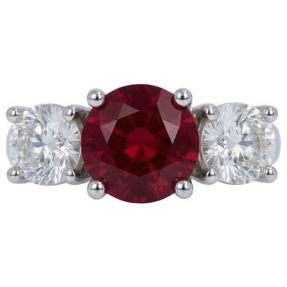 4 Ct Ruby And Round Natural Earth Mined Diamond 3 Stone Ring White Gold Lady Jewelry