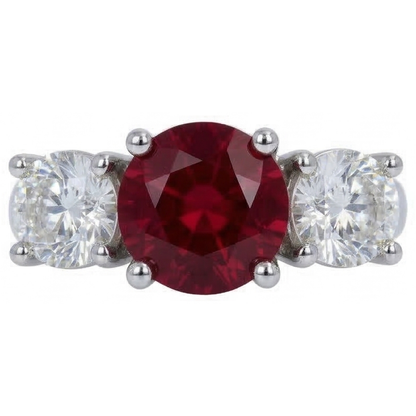 4 Ct Ruby And Round Natural Earth Mined Diamond 3 Stone Ring White Gold Lady Jewelry