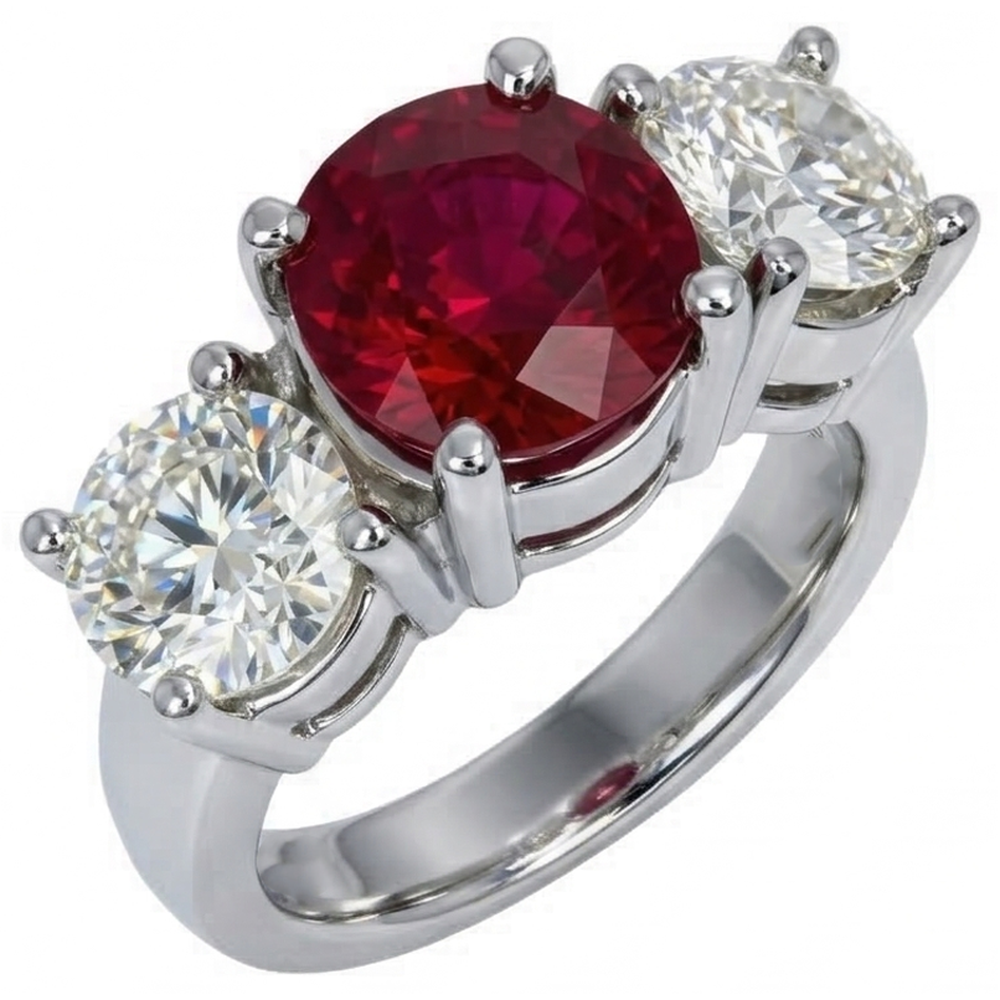 4 Ct Ruby And Round Natural Earth Mined Diamond 3 Stone Ring White Gold Lady Jewelry