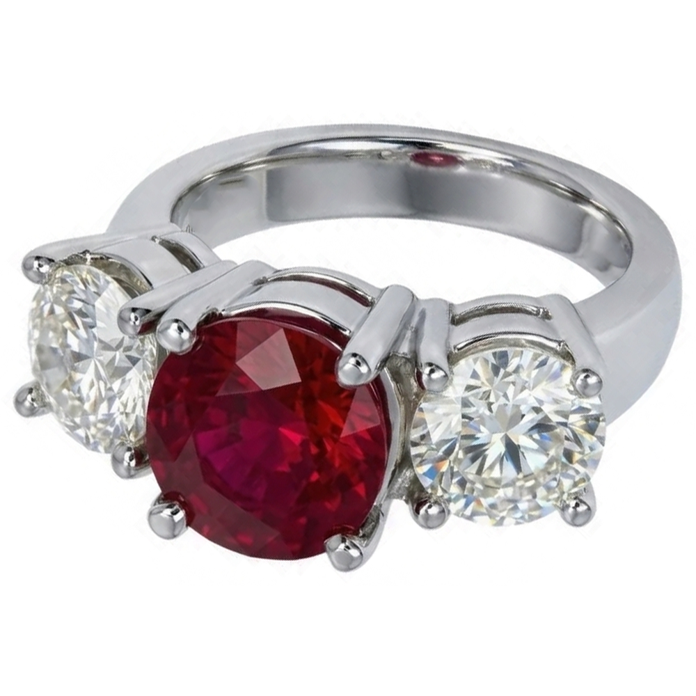 4 Ct Ruby And Round Natural Earth Mined Diamond 3 Stone Ring White Gold Lady Jewelry