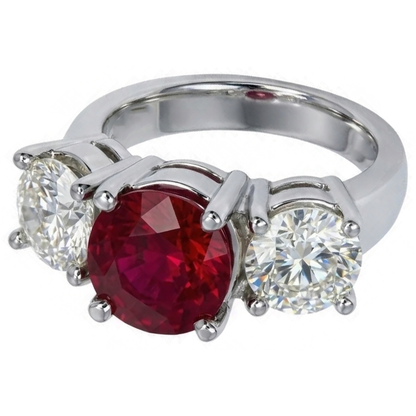 4 Ct Ruby And Round Natural Earth Mined Diamond 3 Stone Ring White Gold Lady Jewelry