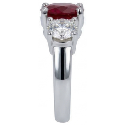 4 Ct Ruby And Round Natural Earth Mined Diamond 3 Stone Ring White Gold Lady Jewelry