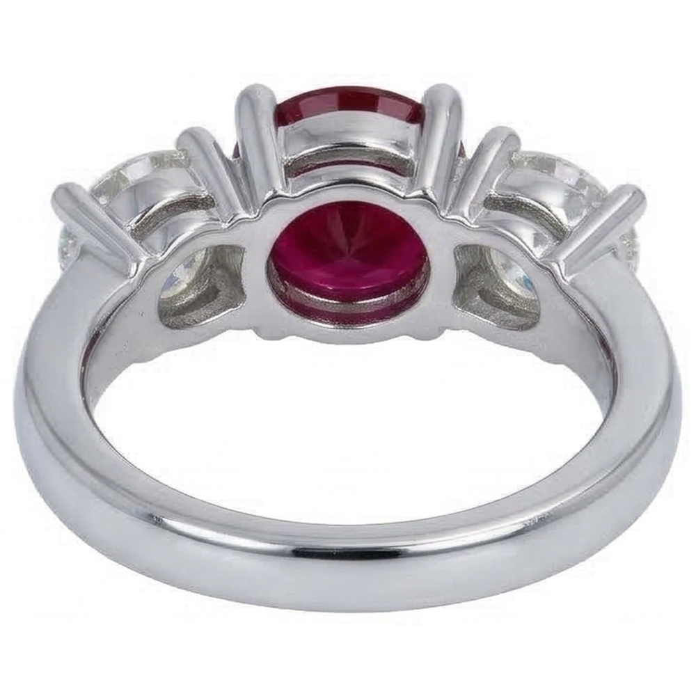4 Ct Ruby And Round Natural Earth Mined Diamond 3 Stone Ring White Gold Lady Jewelry