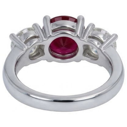4 Ct Ruby And Round Natural Earth Mined Diamond 3 Stone Ring White Gold Lady Jewelry