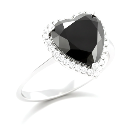 8 Carat Heart Black Diamond and White Diamond Halo Ring Natural 14K White Gold