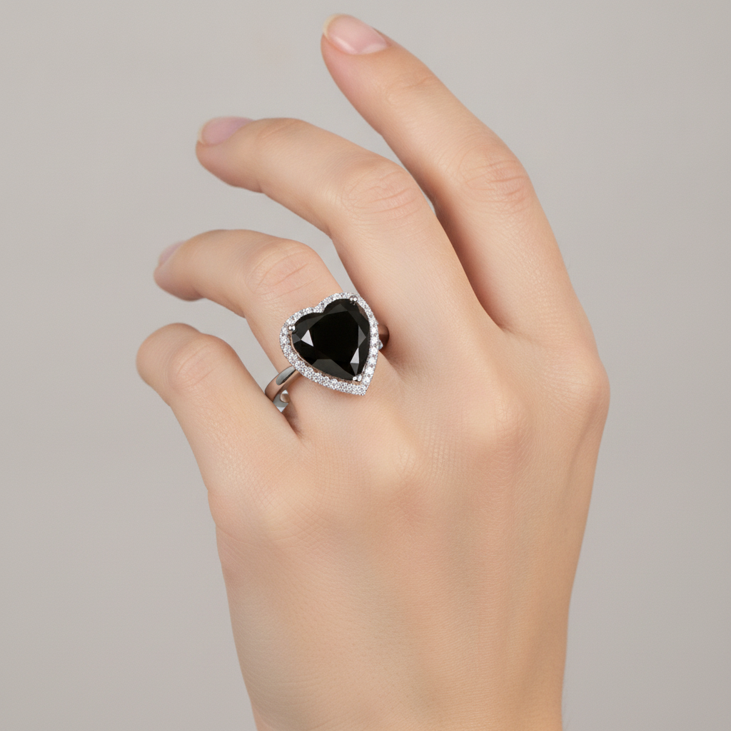 8 Carat Heart Black Diamond and White Diamond Halo Ring Natural 14K White Gold