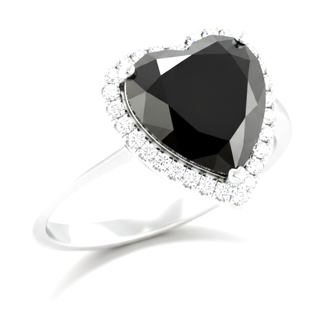 8 Carat Heart Black Diamond and White Diamond Halo Ring Natural 14K White Gold