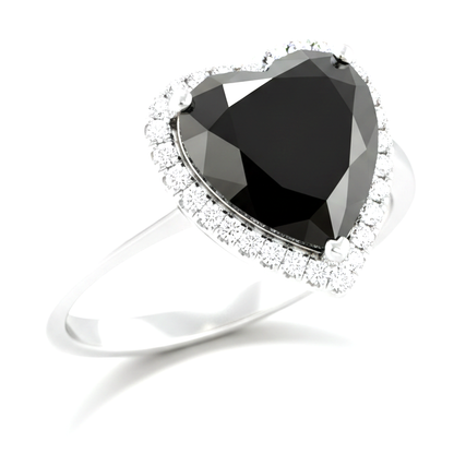 8 Carat Heart Black Diamond and White Diamond Halo Ring Natural 14K White Gold