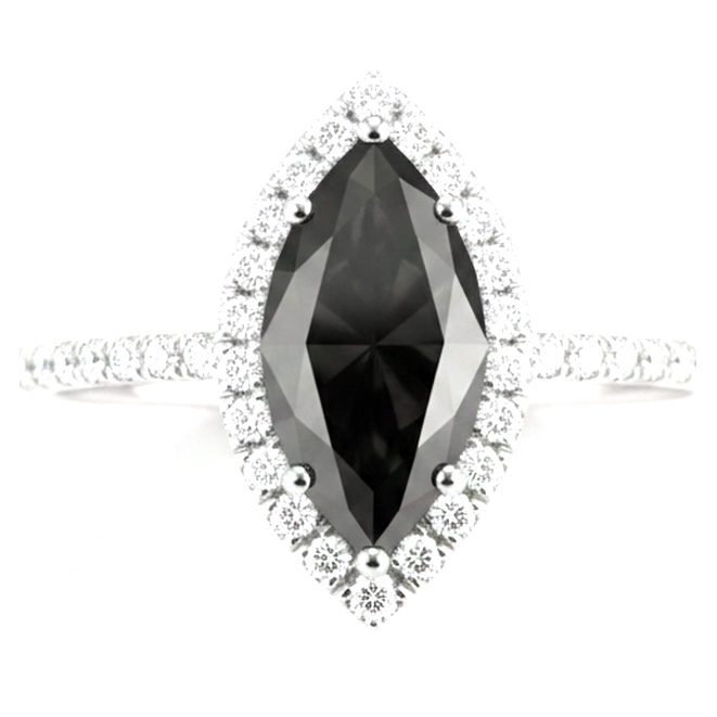 3 Carat Marquise Black Diamond and White Diamond Halo Ring Natural 14K White Gold