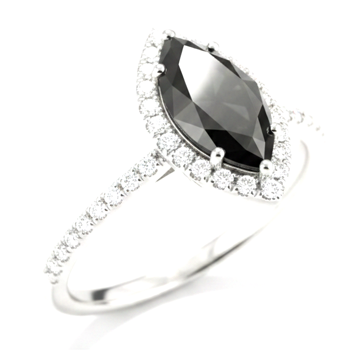 3 Carat Marquise Black Diamond and White Diamond Halo Ring Natural 14K White Gold