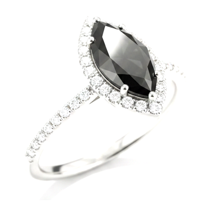 3 Carat Marquise Black Diamond and White Diamond Halo Ring Natural 14K White Gold
